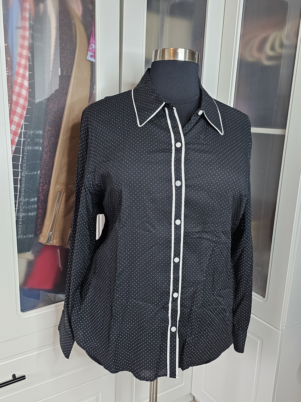 Foxcroft Black Blouse with White Micro Polka Dots